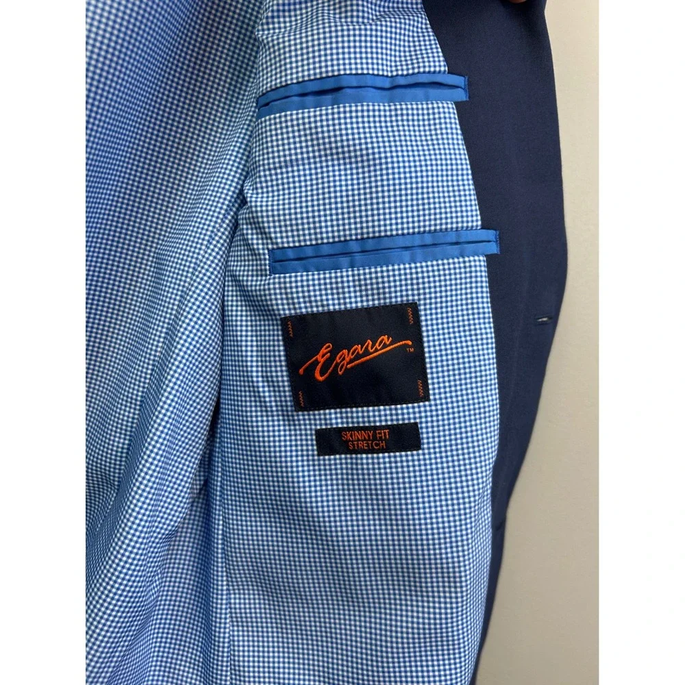 Egara Suit Jacket Mens 40 Long Blue Skinny Fit Stretch Gingham Lining‎ Preppy